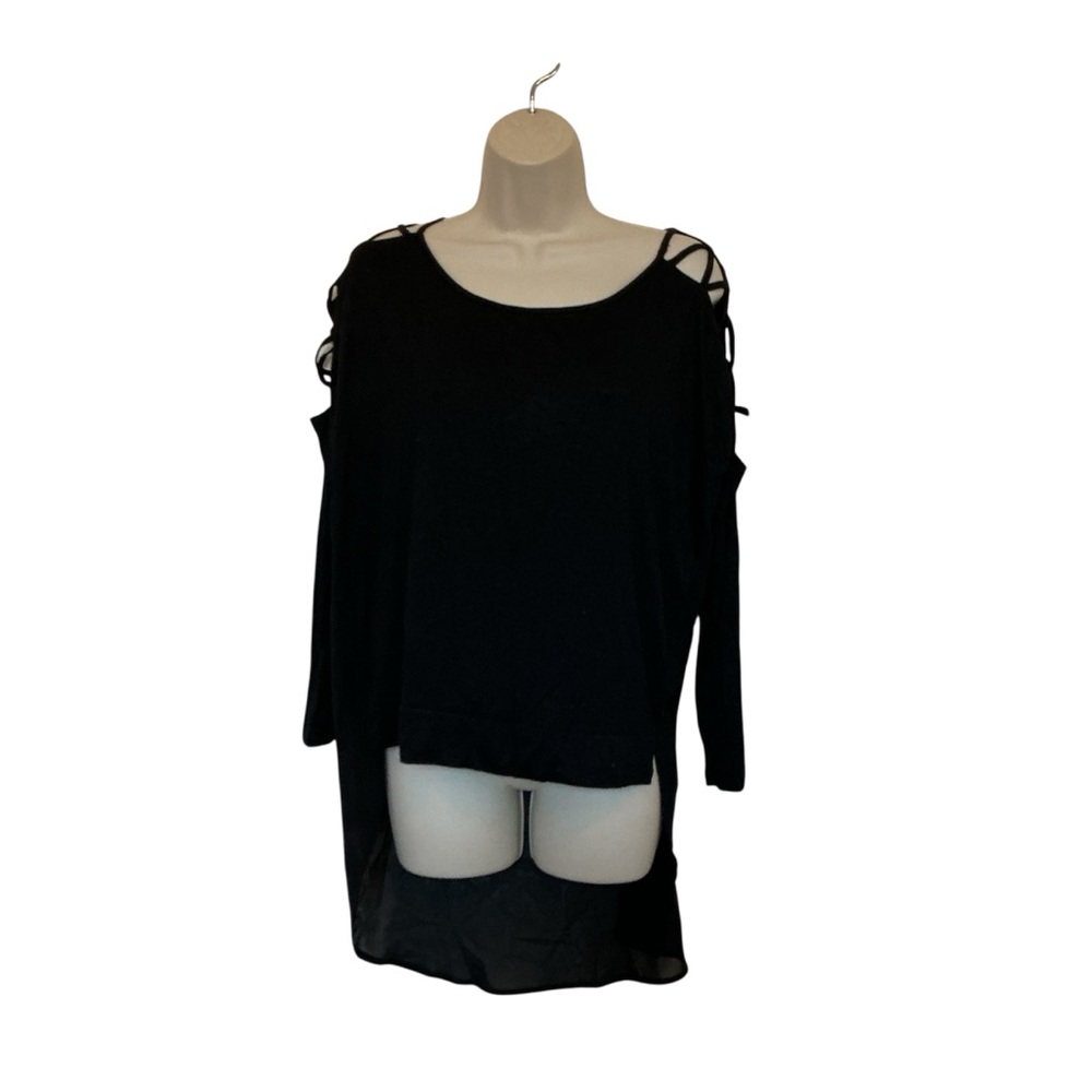 NWT Cecico Black Strappy Shoulders High Low Rayon Top Size Small Sheer Back